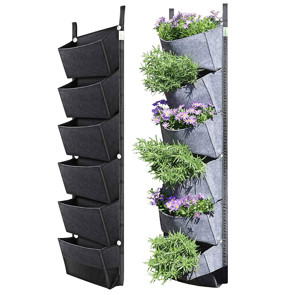 6 Pockets Vertical Grow Bags Hanging Wall Planting Bags Vegetable Flower Growing Container Planter Gardening Aeration Felt Pots
