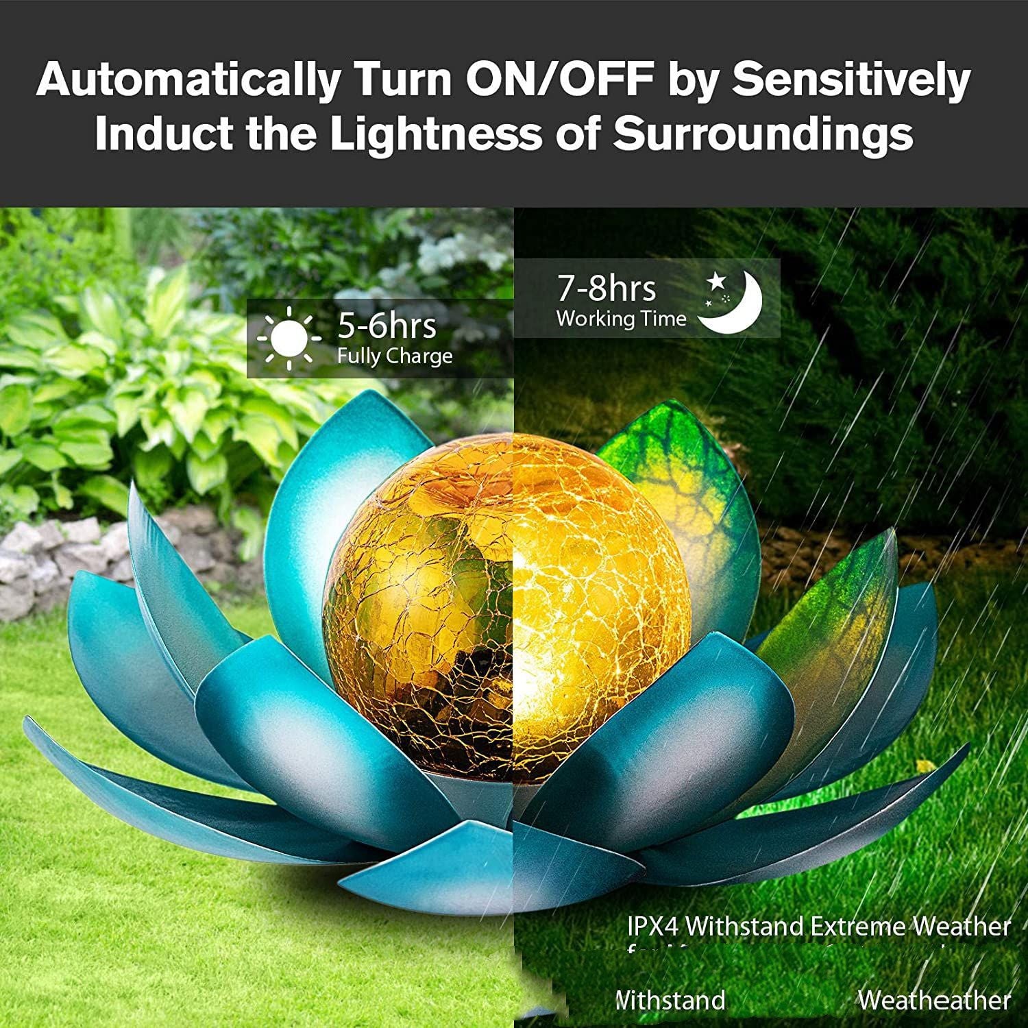 Solar Lights Outdoor Garden Decor Amber Crackle Globe Glass Lotus Lights Decor for Patio Porch Pathway Walkway Tabletop Ground