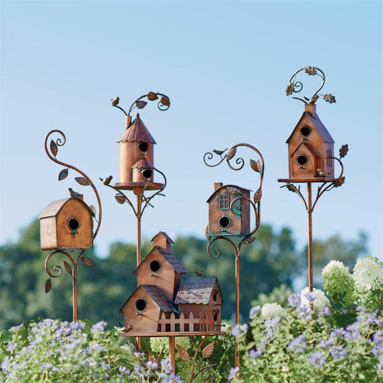 Metal Birdhouse Bird Feeder Easy Assemble Exquisite Garden Stakes Metal Art With Rod Birdhouse Feeder