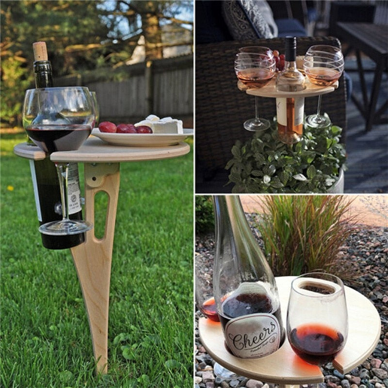 Mini Wooden Picnic  Wine Table with Foldable Round Desktop.