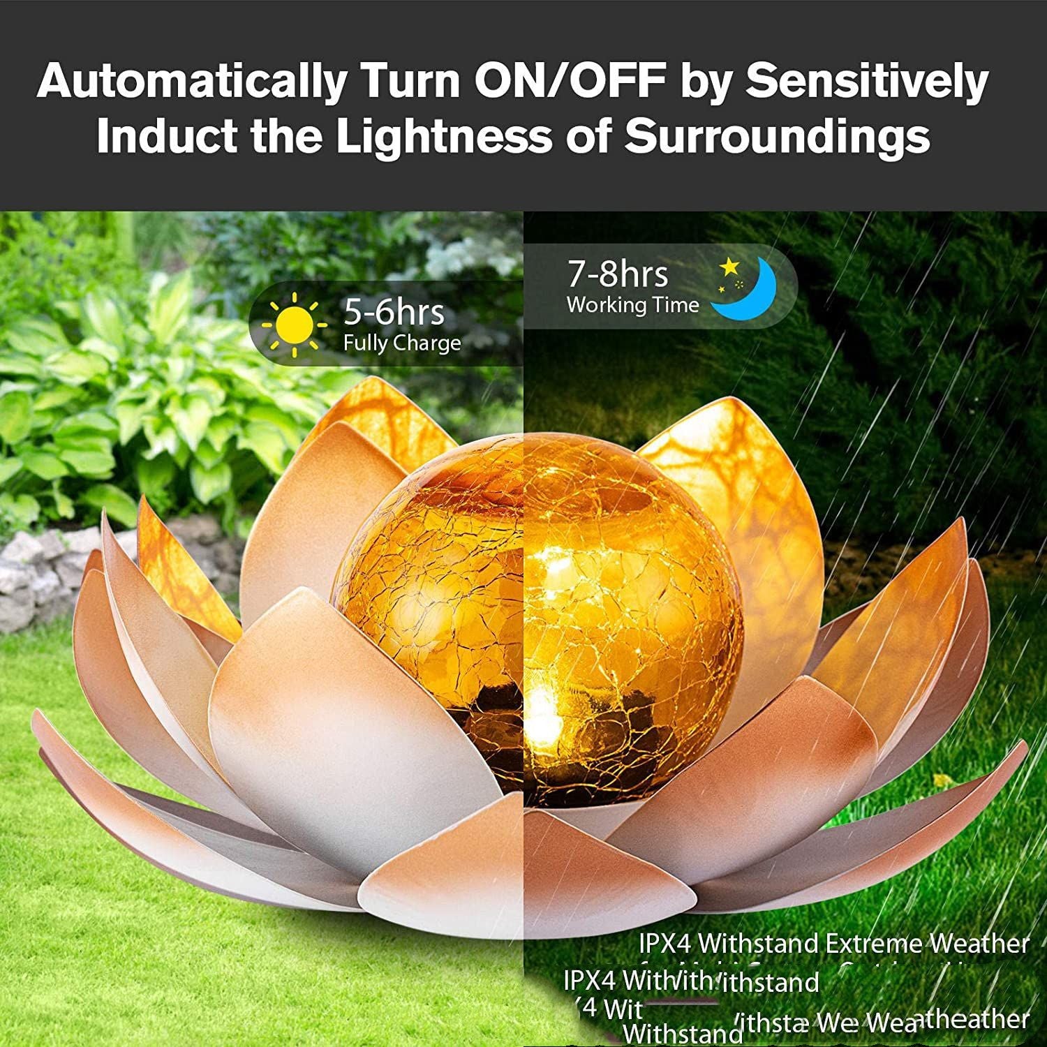 Solar Lights Outdoor Garden Decor Amber Crackle Globe Glass Lotus Lights Decor for Patio Porch Pathway Walkway Tabletop Ground