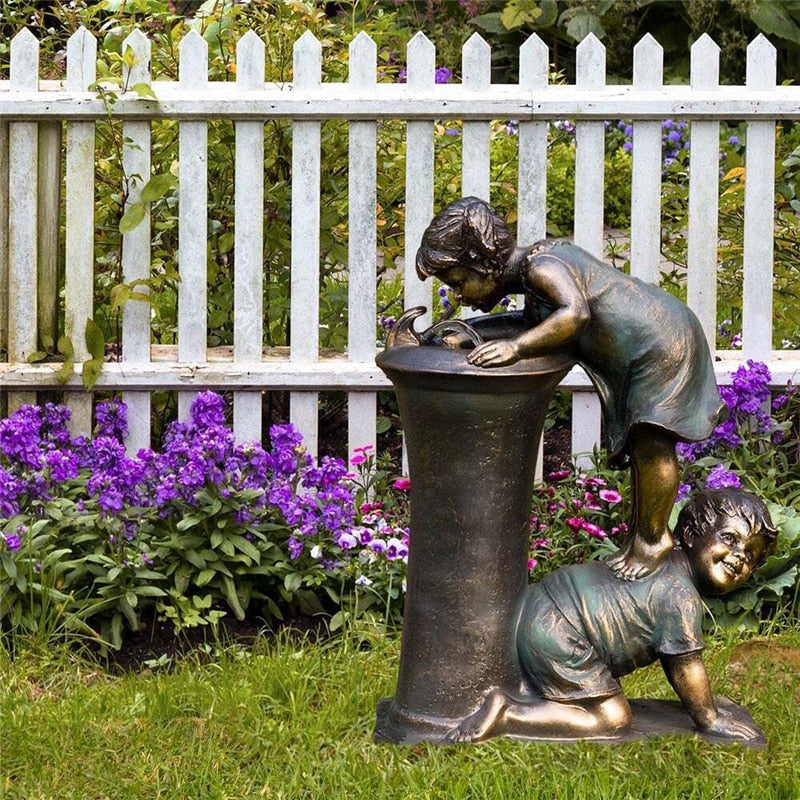 Indoor Outdoor Girl and Boy Statue Resin Retro Kids Play Figure Resin Sculpture Yard Art Garden Decoration