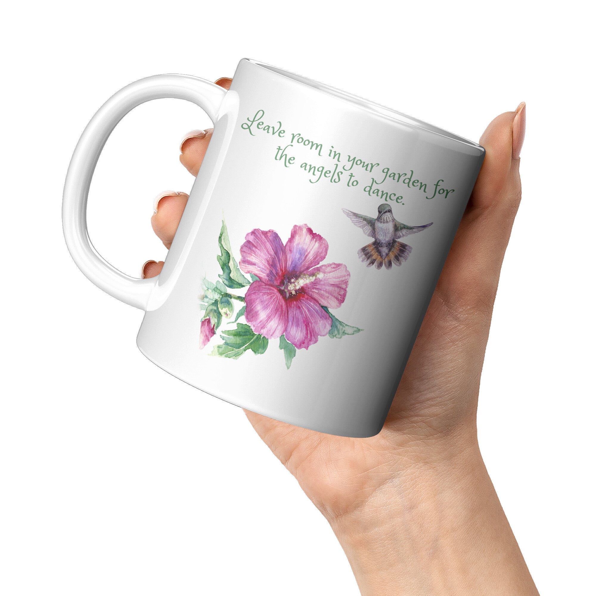 Leave Room In Your Garden For Angels Hummingbird Coffee Mug For Garden Lovers Gifts womans hand