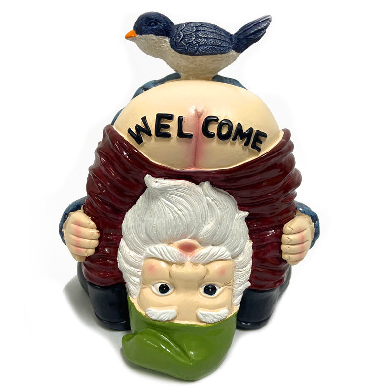 Funny Welcome Naughty Gnome with Bird Statue on his butt.