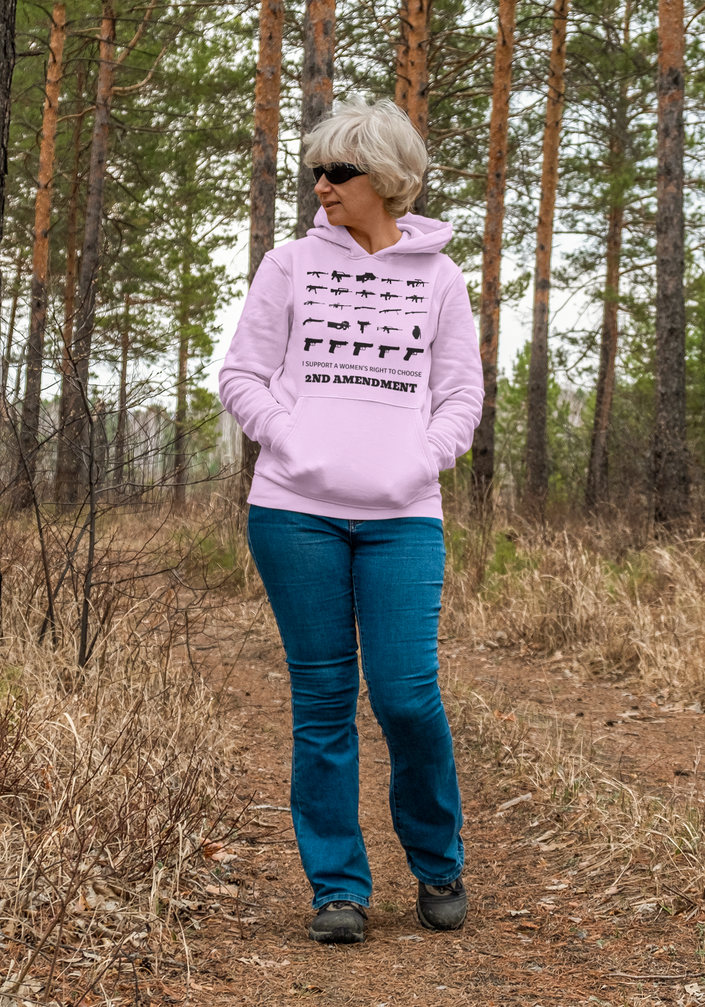 2nd Amendment Hoodie For Women, Gun Enthusiasts woman in pink outside