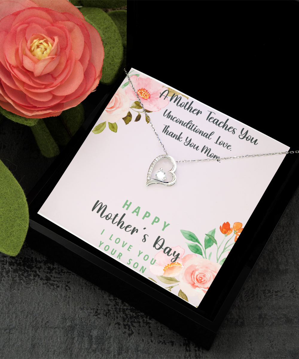 Heart Solitaire Necklace To Mom From Son, Message Card Necklace, Mom Jewelry, To Mom From Son Gifts, Custom Mother's Day Gifts