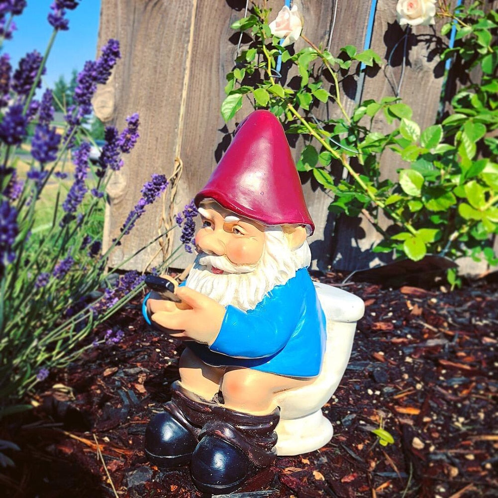 Naughty Garden Gnome On The Toilet With Cell Phone Garden Decor.