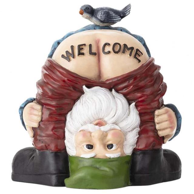 Funny Welcome Naughty Gnome with Bird Statue on his butt.