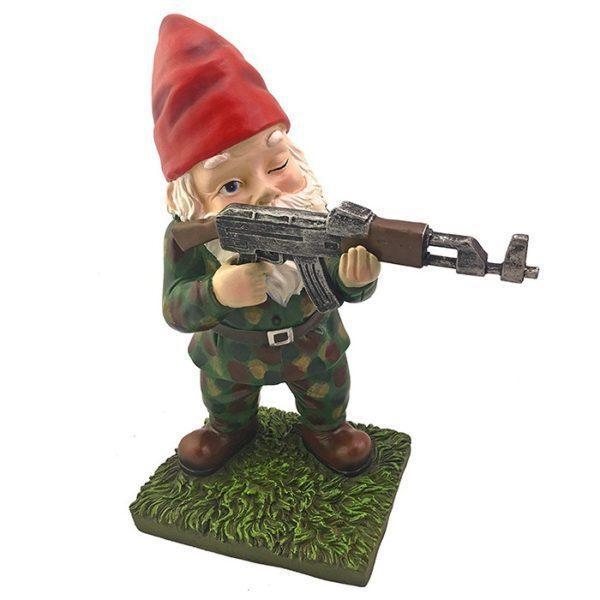Hunting Military Gnome With Gun Garden Decor Statues.