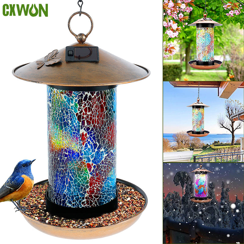Mosaic Solar Bird Feeder Light Outdoor Pendant Light Hanging Bird Water Feeder Waterproof Patio Garden Decor Night Light